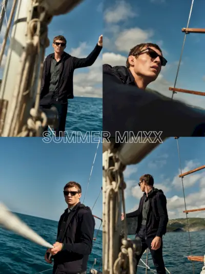 Navtična vizija, Julian Schneyder nosi pleteno jakno z ozko srajco in hlače chino znamke Massimo Dutti.