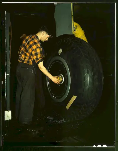 In einem karierten Hemd inspiziert ein Arbeiter zwischen 1941 und 1945 ein Landerad der Transportflugzeuge im Produktionswerk Willow Run in Michigan.