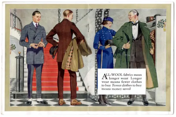 Garnitury z szerokimi ramionami i wąską talią zrobiły wrażenie krawieckiego od Hart, Schaffner i Marx Clothing Company z The Wm H. Block Company.