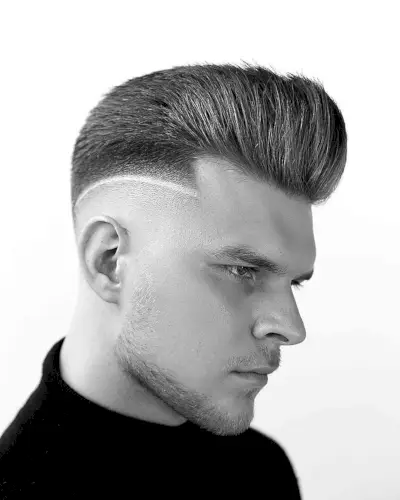 Pomp Fade with a Surgical Line Design for guys with a thin beard
