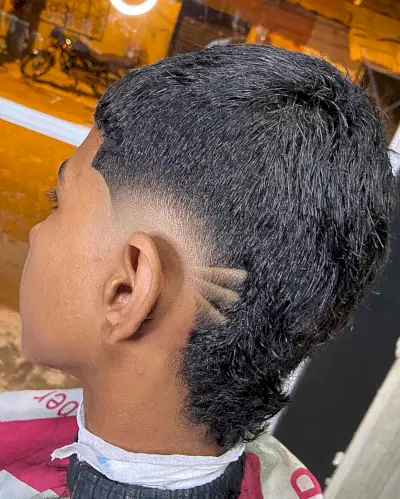 Low Burst Fade Mullet with Shaved Lines on Boys