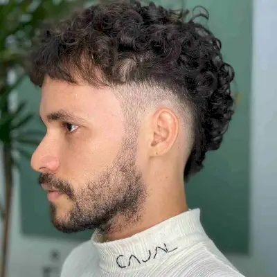 Curly Burst Fade Cut with Short Bangs for Guys