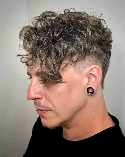 Heavy Angular Fringe on Faded Curly Hair for Dudes