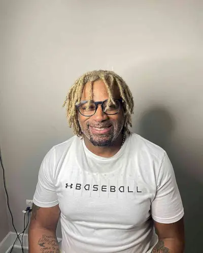 Layered Short Blonde Freeform Dread Locs for Men with Glasses