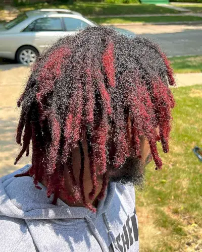 Black Freeform Locs with Red Highlights on Men with Kinky Hair