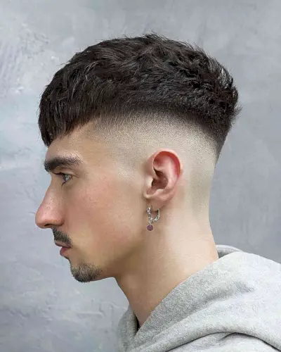 Sharp Drop Fade with Fringe for Guys with thick hair