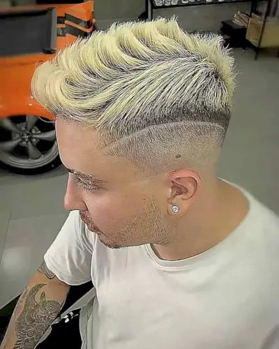Bright Blonde Faux Hawk with Shaved Line for guys