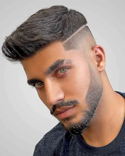 Quiff with Shaved Line and Beard Fade for Guys