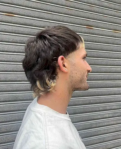 Dark Hair Mullet with Blonde Bangs and Highlights for males