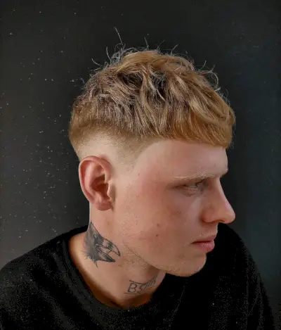 straight fringe on caesar cut with modern fade