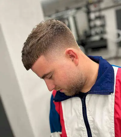 Caesar Cut with Sharp-Lined Fringe for Guys 