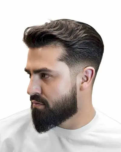 Gentlemens trimmed up long slick back hair