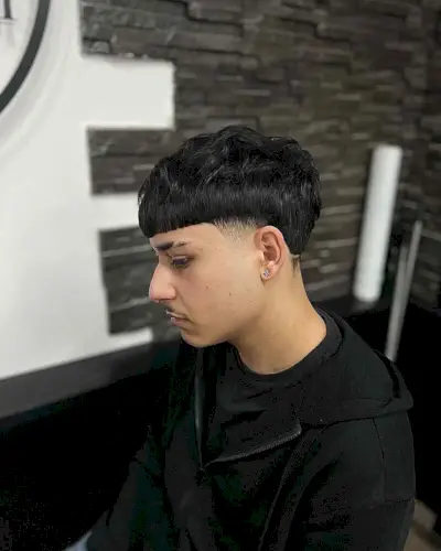 Thick Edgar Bowl Haircut with Nape Line for Guys with Black, Dense Hair