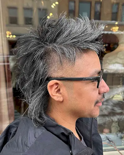 Salt and Pepper Spiky Mullet for Men with Medium-Length Hair