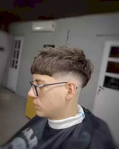 Messy Textured French Crop with Blunt Bangs for Guys with Glasses