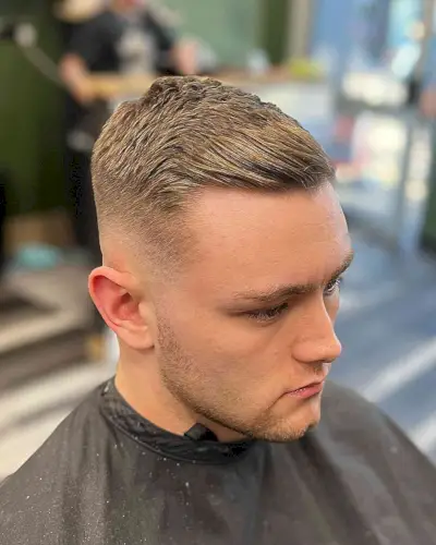 Blonde Crew Cut with Faded Sides and Textured Top for Men with Broad Forehead 