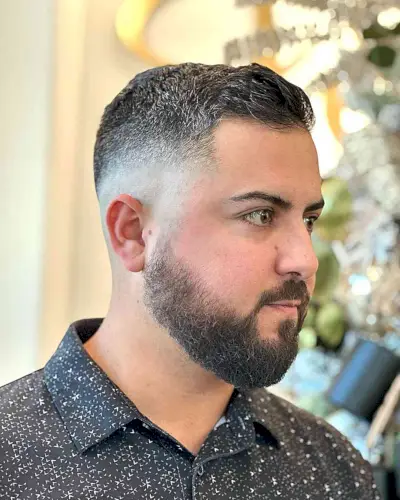 Mid Drop Fade for a Crew Cut on Fine-Haired Men with a Beard