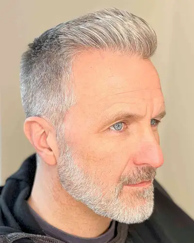 Short Pompadour Crew Cut for Older Men with a Large Forehead and Grey Hair