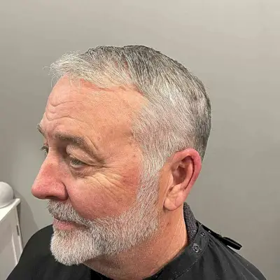 Short Salt-And-Pepper Thin Hair with a Beard Fade
