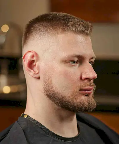 Flattop Buzz Cut for Thin Hair on Men with a bald fade and a beard