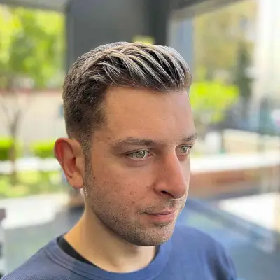 Short Pompadour with Subtle Frosted Highlights for Guys