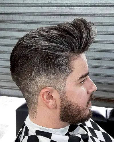 High Quiff Pomp with Tapered Sides and Nape on Men with Beard