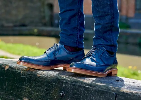 Pantofi Brogue Barker Bailey, bleumarin, pictat manual, pantofi Derby cu vârful aripii