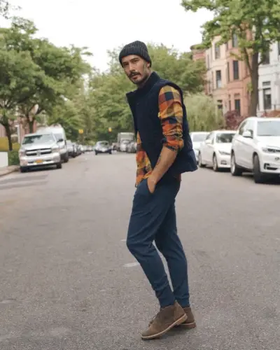 チャッカ ブーツ アウトフィット ジョガー フランネル シャツ ベスト