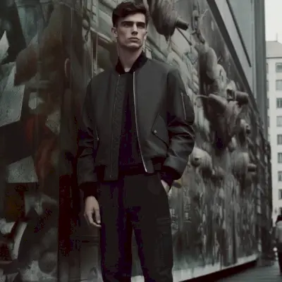 Męskie czarne spodnie cargo, skórzana kurtka bomber