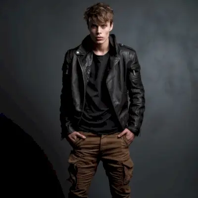 Model męski, skórzana kurtka, spodnie Cargo