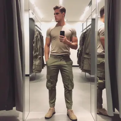 Męski model spodni cargo przymierzalnia