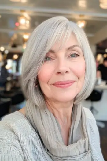 나이든 여성을 위한 희미한 앞머리 헤어스타일의 스트레이트 밥.