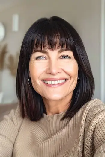 나이든 여성을 위한 둥근 앞머리 헤어스타일이 있는 곧은 긴 밥.