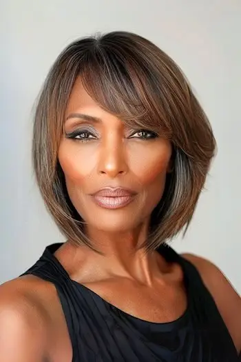 나이든 여성을 위한 옆머리 앞머리가 있는 테이퍼드 레이어 헤어스타일입니다.