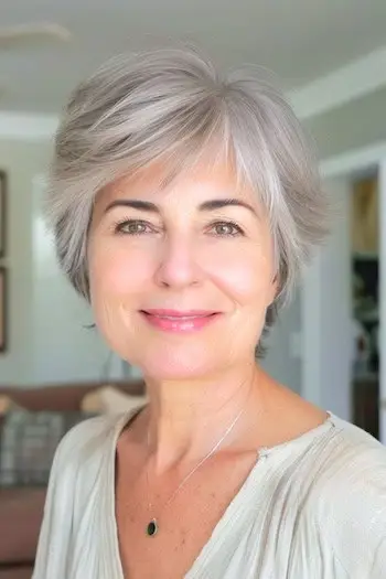 나이든 여성을 위한 픽시 컷 헤어스타일의 희미한 앞머리.