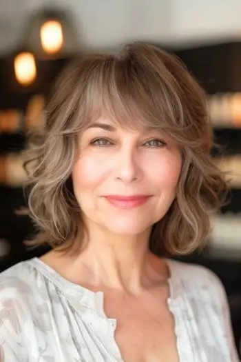 나이든 여성을 위한 앞머리 헤어스타일이 있는 헝클어진 희미한 레이어.