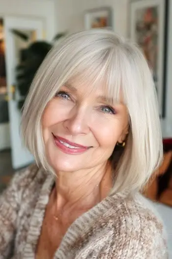 나이든 여성을 위한 희미한 앞머리 헤어스타일을 가진 밥.