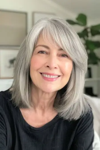 나이든 여성을 위한 측면 스윕 앞머리 헤어스타일이 있는 실버 로브.