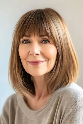 나이든 여성을 위한 무뚝뚝한 앞머리의 긴 밥 헤어스타일.