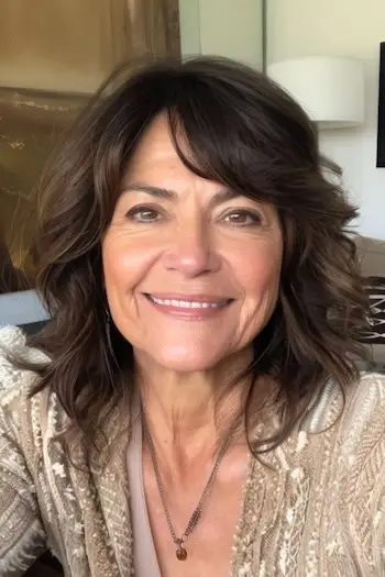 나이든 여성을 위한 앞머리가 있는 중간 길이의 헤어스타일입니다.