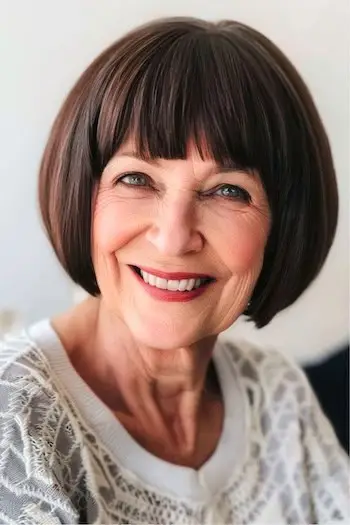 나이든 여성을 위한 무뚝뚝한 앞머리의 턱 길이 밥 헤어스타일.