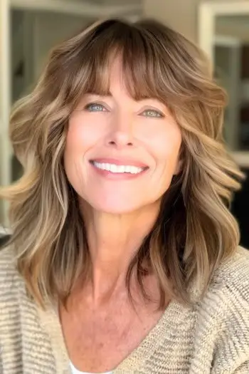 나이든 여성을 위한 앞머리가 있는 중간 길이의 웨이브 헤어스타일입니다.