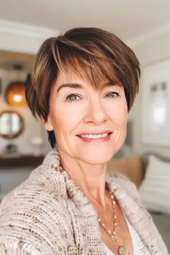 나이든 여성을 위한 질감 있는 앞머리 헤어스타일이 있는 둥근 픽시.