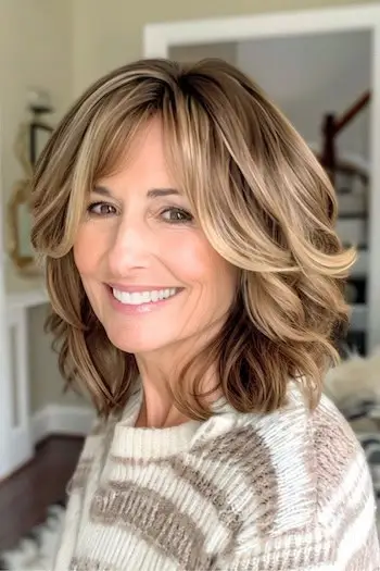 나이든 여성을 위한 옆머리 앞머리가 있는 고르지 못한 레이어.