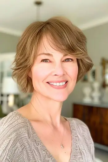 나이든 여성을 위한 옆머리 헤어스타일이 있는 레이어드 픽시 밥.