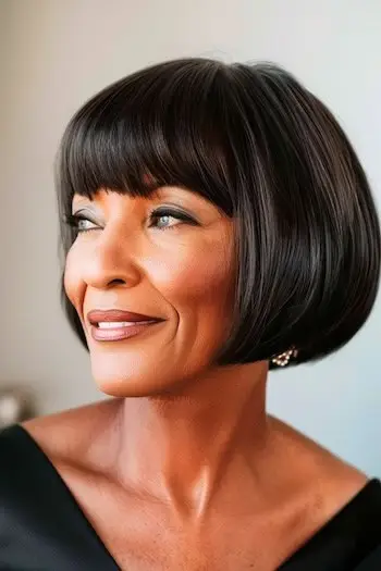 나이든 여성을 위한 앞머리가 있는 턱 길이의 밥 헤어스타일입니다.