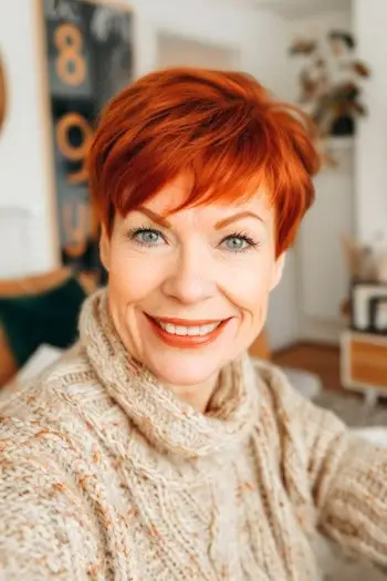 나이든 여성을 위한 앞머리 헤어스타일이 있는 생생한 구리 픽시.