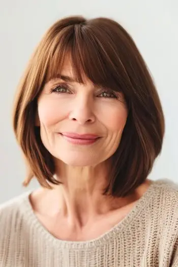 나이든 여성을 위한 앞머리 헤어스타일이 있는 테이퍼드 밥.