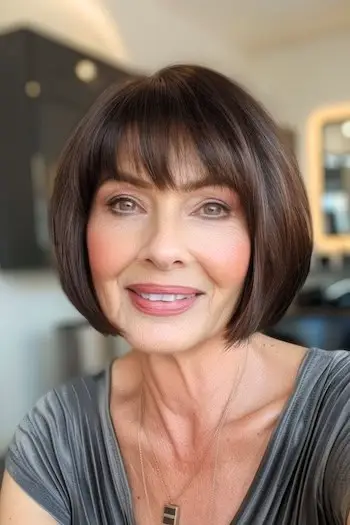 나이든 여성을 위한 둥근 밥 헤어스타일의 앞머리.