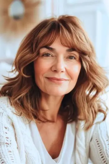 나이든 여성을 위한 커튼 앞머리 헤어스타일의 질감 레이어.